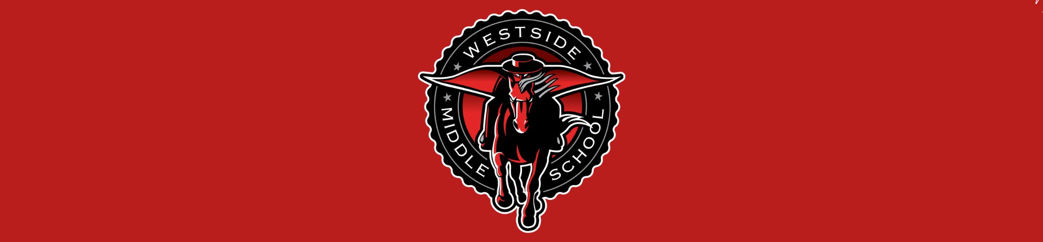 A red background displays a central black logo featuring a person riding a horse. The logo includes text "WESTSIDE HORSE SCHOOL".