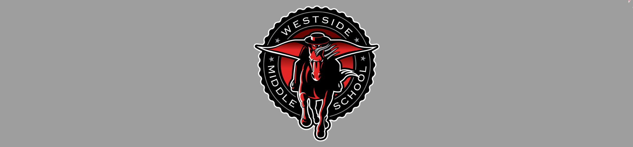 A graphic design features a central black silhouette of a horse, with a red outline. The word "WESTSIDE" is above it in bold.