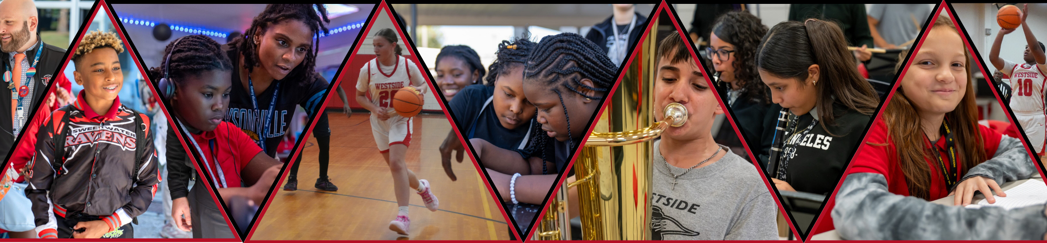 A collage of kids in different poses, possibly at a basketball game. Some are playing, others are watching.