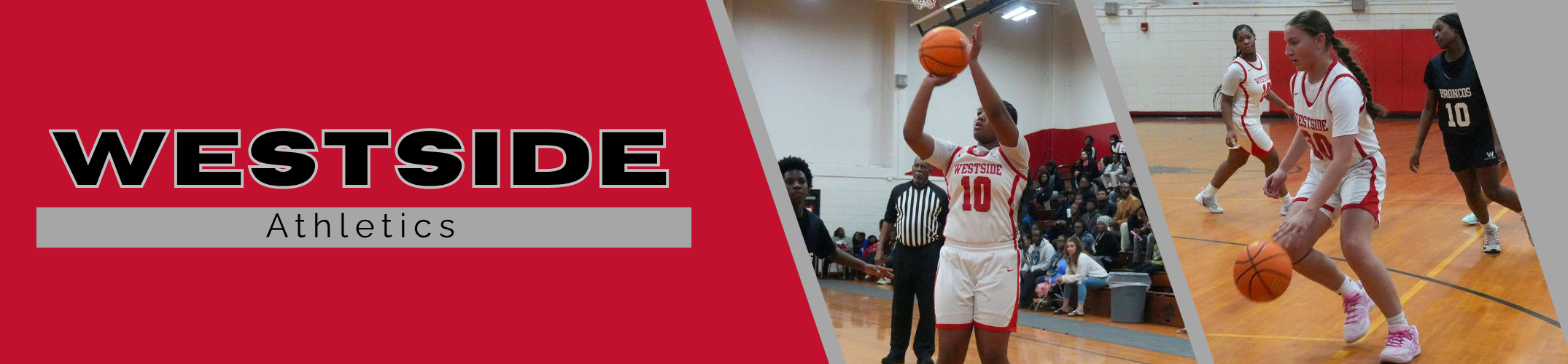Westside Athletics logo with red background. Two basketball players in action, one shooting and one dribbling.