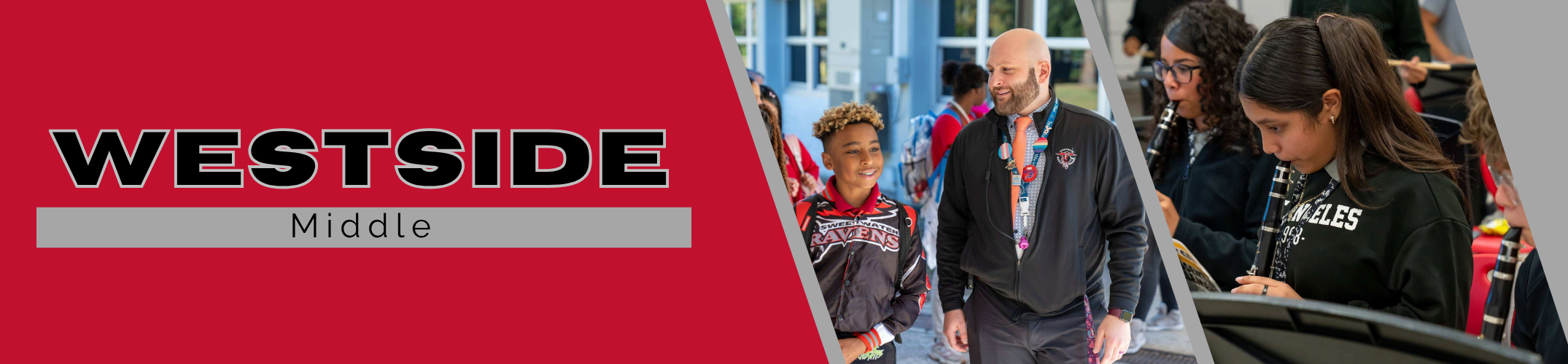 A banner features the words "Westside Middle" with blurred images of a person and a child.