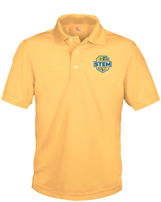 A yellow polo shirt with a blue STEM logo on the left chest area and white buttons.