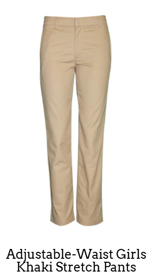 Beige stretch pants with an adjustable waistband displayed against a white background. Text reads "Adjustable-Waist Girls Khaki Stretch Pants."