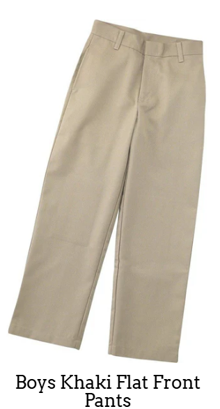 Beige khaki flat-front pants with belt loops and pockets on the hips. White background.