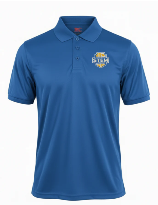 A blue polo shirt with a logo reading "STEM" on the left chest and "BC" on the left collar.