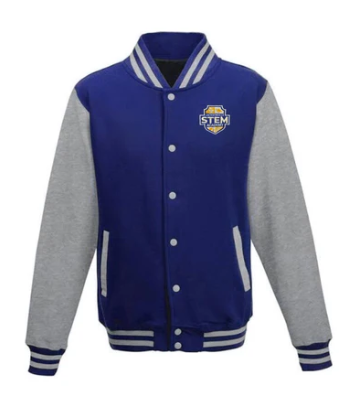 Blue and gray varsity jacket with white stripes on the sleeves and collar. A yellow logo with text is on the left chest.