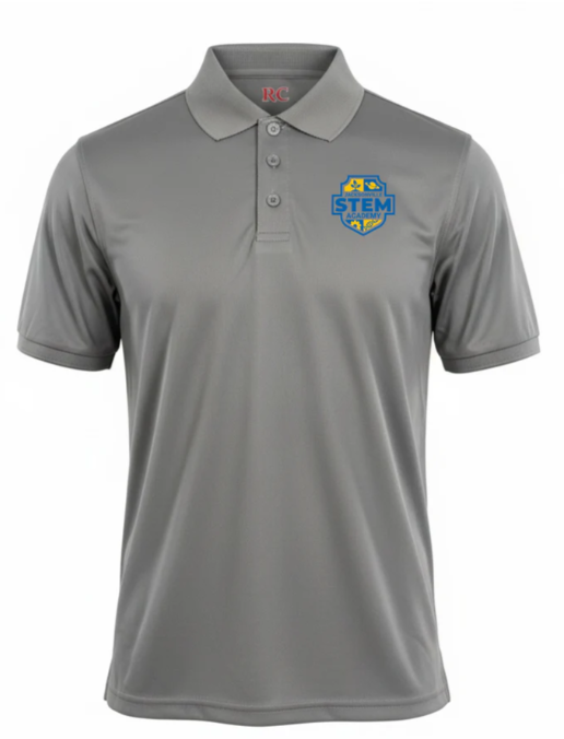 A gray polo shirt with a blue logo on the left chest and a collar with buttons.