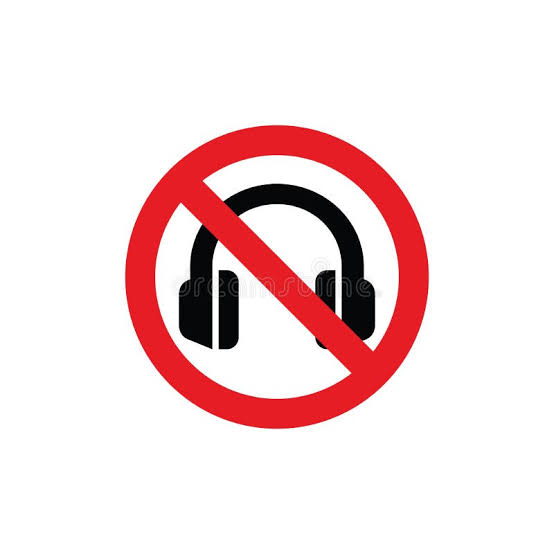 A red circle with a diagonal line crossing a black headphone icon, against a white background.