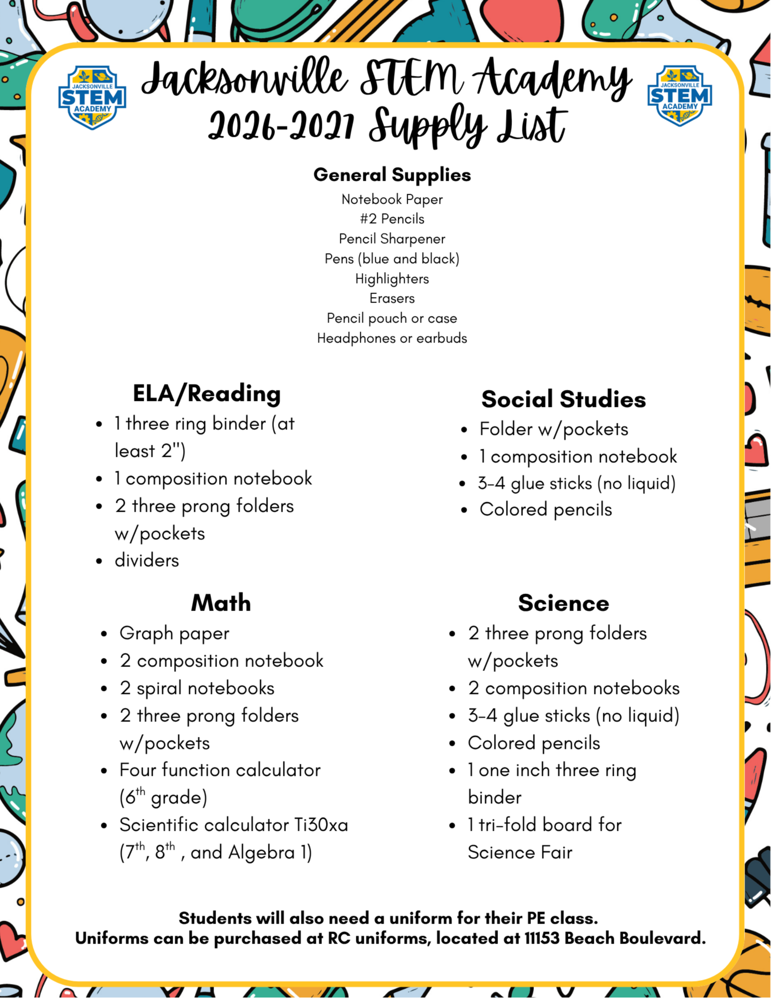 A list of supplies for the 2023-2024 school year at Jacksonville STEM Academy includes folders, binders, and other materials for various subjects.
