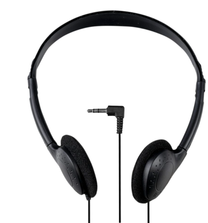 Black headphones with a 3.5mm jack connector on a white background.