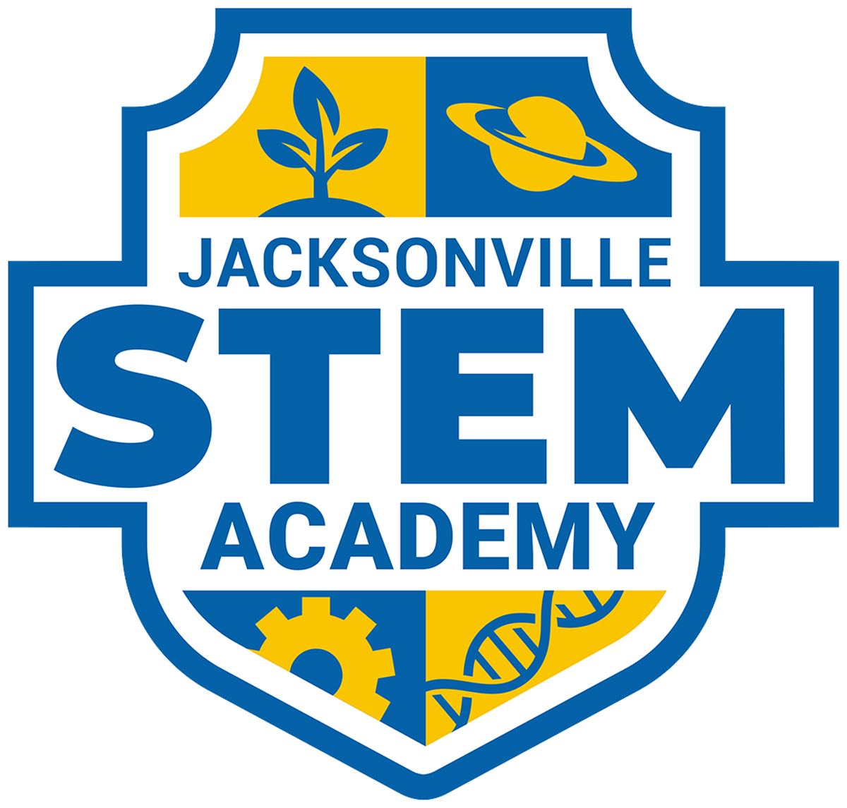 Shield logo for Jacksonville STEM Academy with blue, yellow, and white sections. Features a plant, planet, and DNA strand.