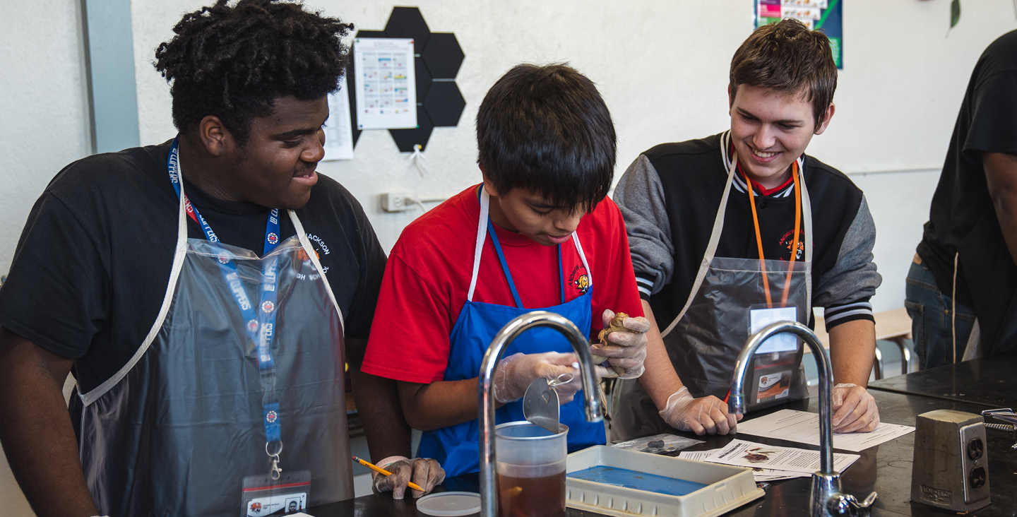 Three students at a lab sink working on an assignment