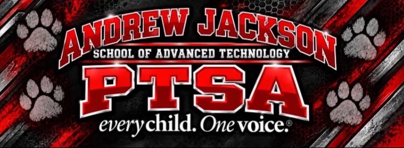 A logo with red, white, and black colors. Text reads "ANDREW JACKSON SCHOOL OF ADVANCED TECHNOLOGY PTSA everychild. Onevoice."
