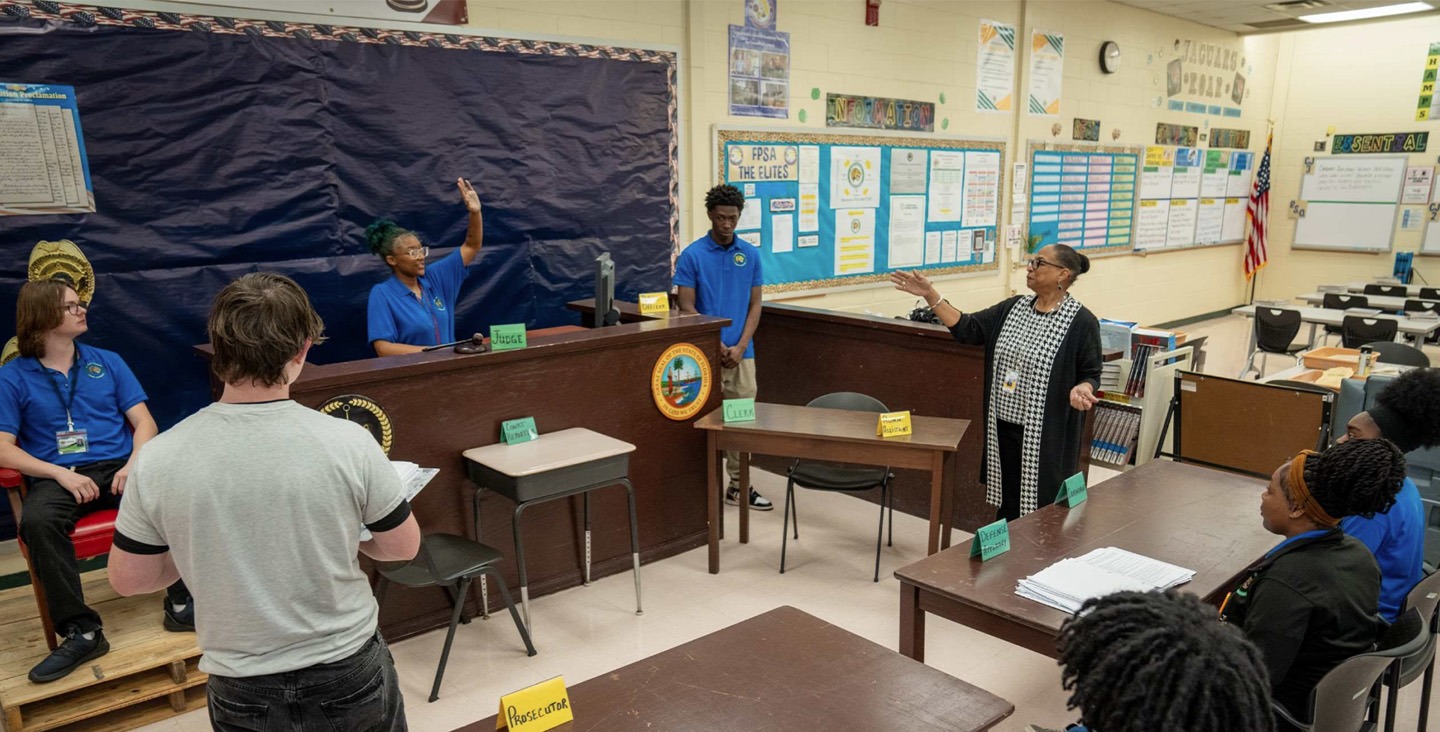 Criminal justice class performing mock trial.