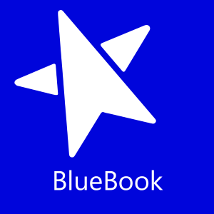 Royal blue background with a white logo shaped like a star but the middle part look like a computer mouse icon. Below the logo are the words BlueBook