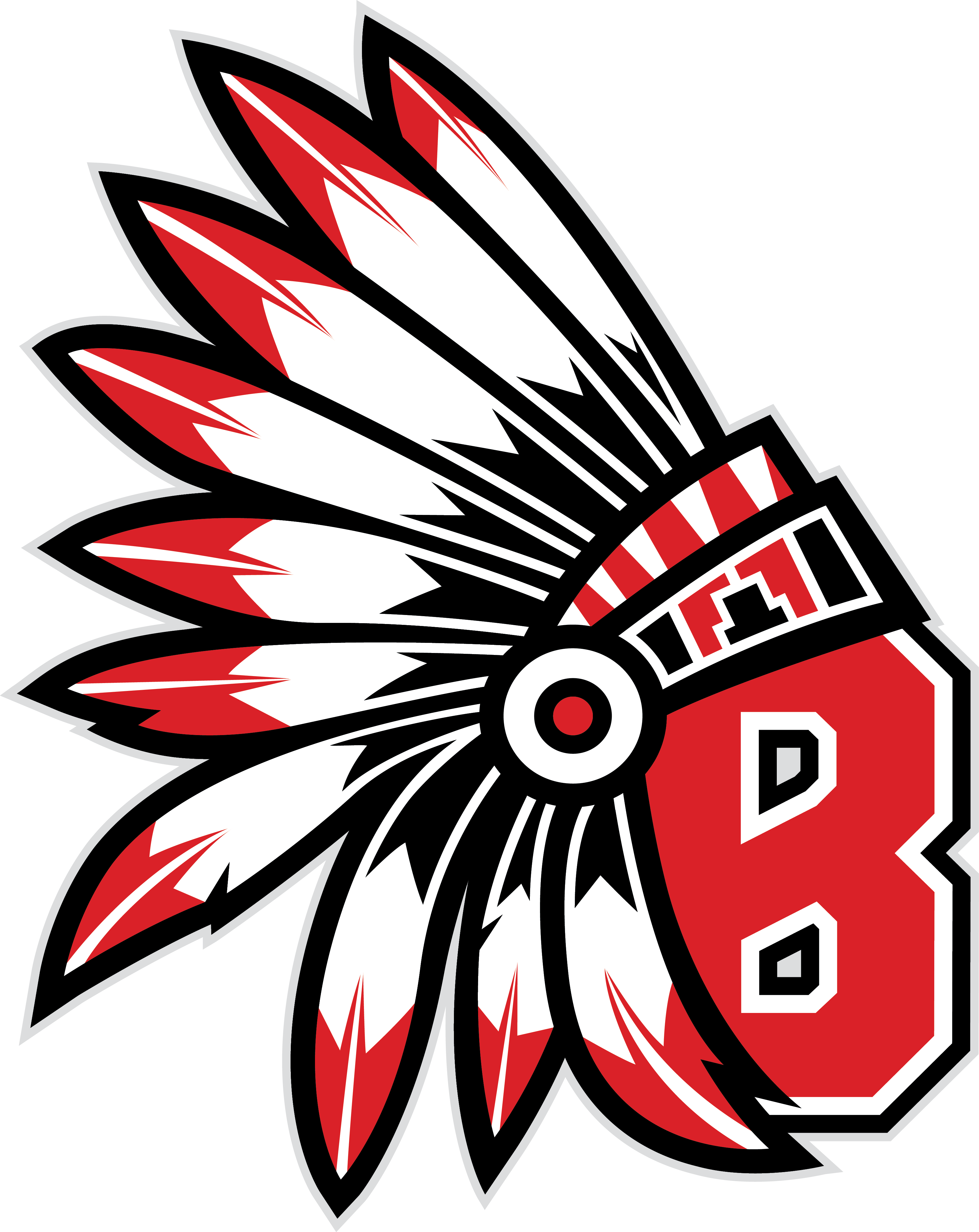 A red and white design featuring an '8' with a Native American headdress above it.