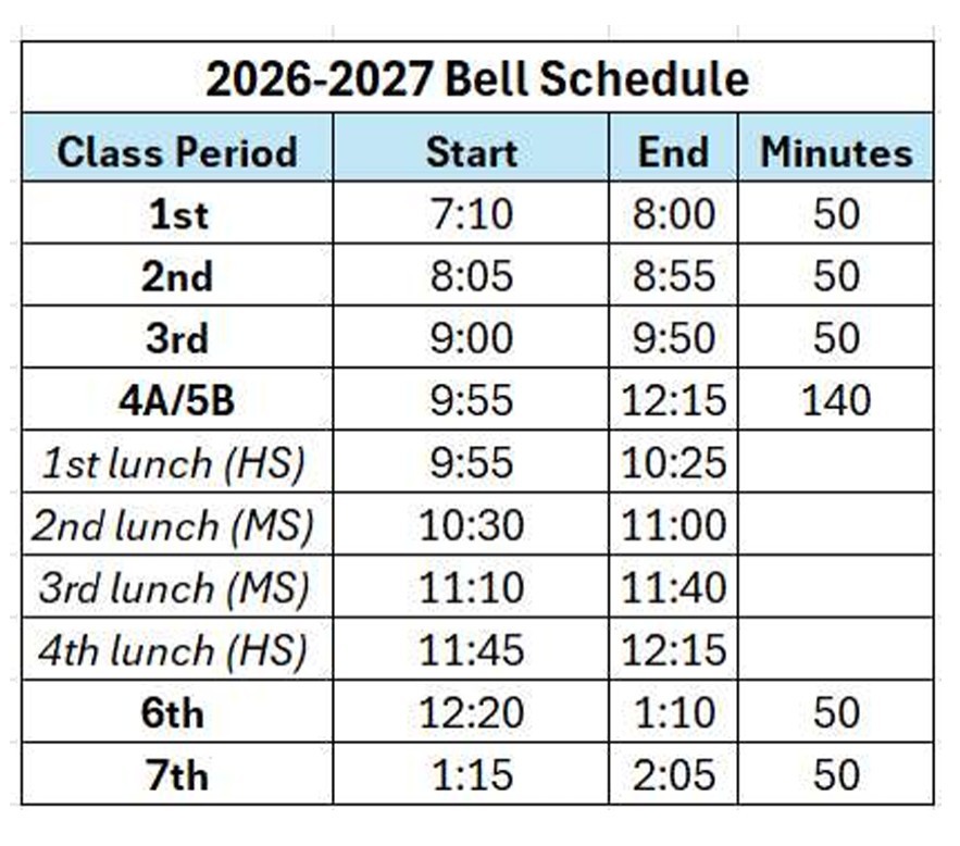 Bell schedule for the 2026-2027 academic year, including class periods, lunch breaks, and class durations.