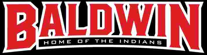 "Baldwin" logo in red text on a black background, followed by "Home of the Indians".