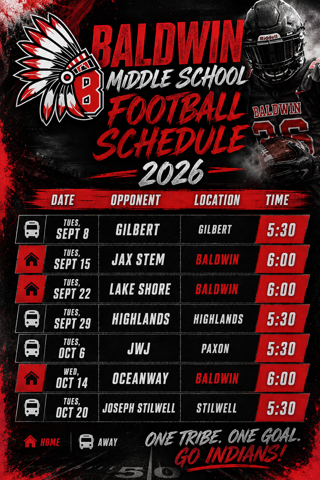 A poster displays Baldwin Middle School's 2026 football schedule, featuring dates, opponents, locations, and times.