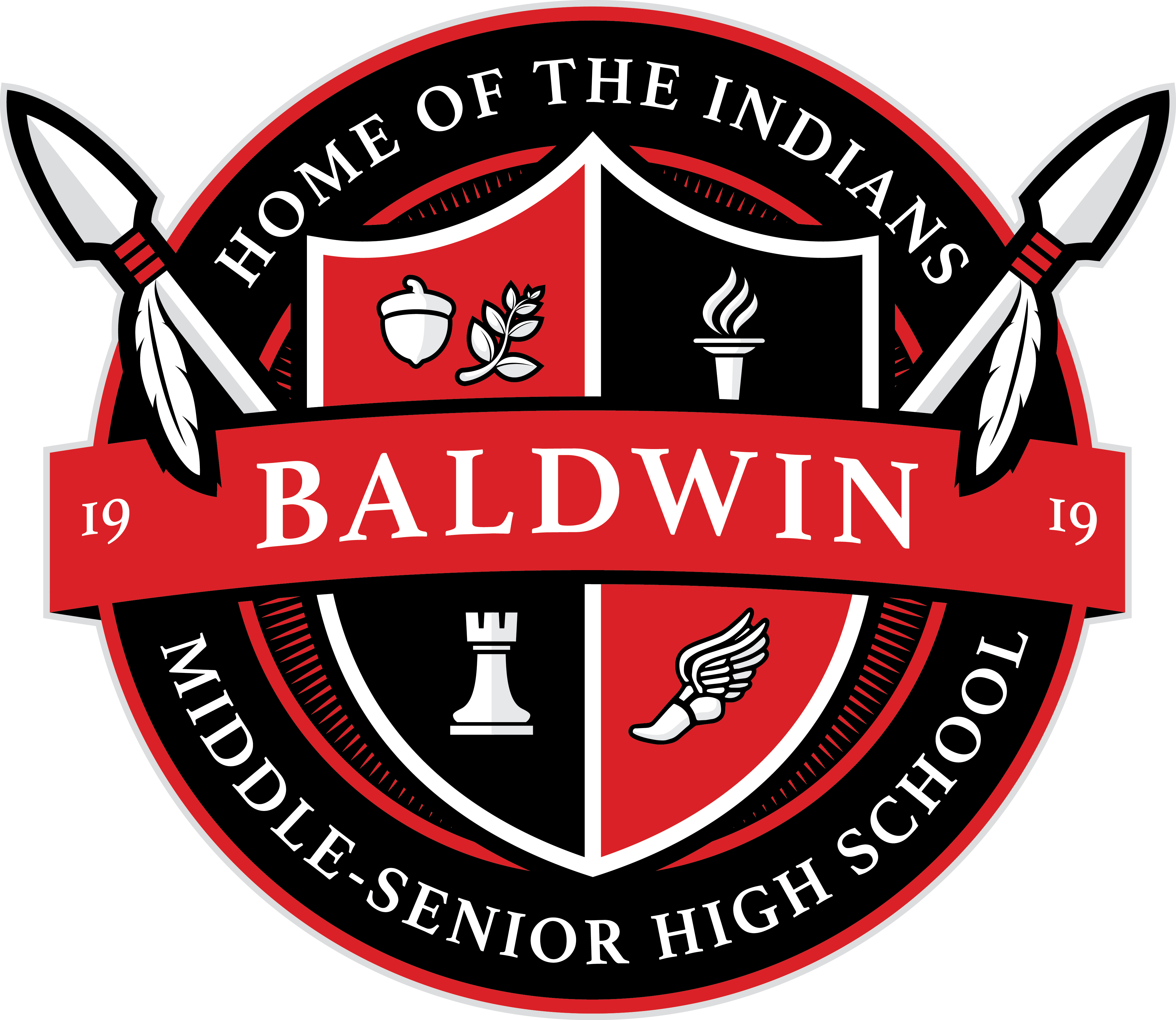 Baldwin Middle-Senior High School emblem featuring a shield, crossed arrows, a torch, and a chess piece on a black background.