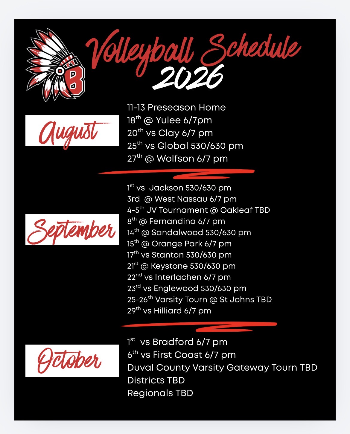 Black and red sports schedule. Title: "Volleyball Schedule 2026". Dates, times, opponents, and locations for games.