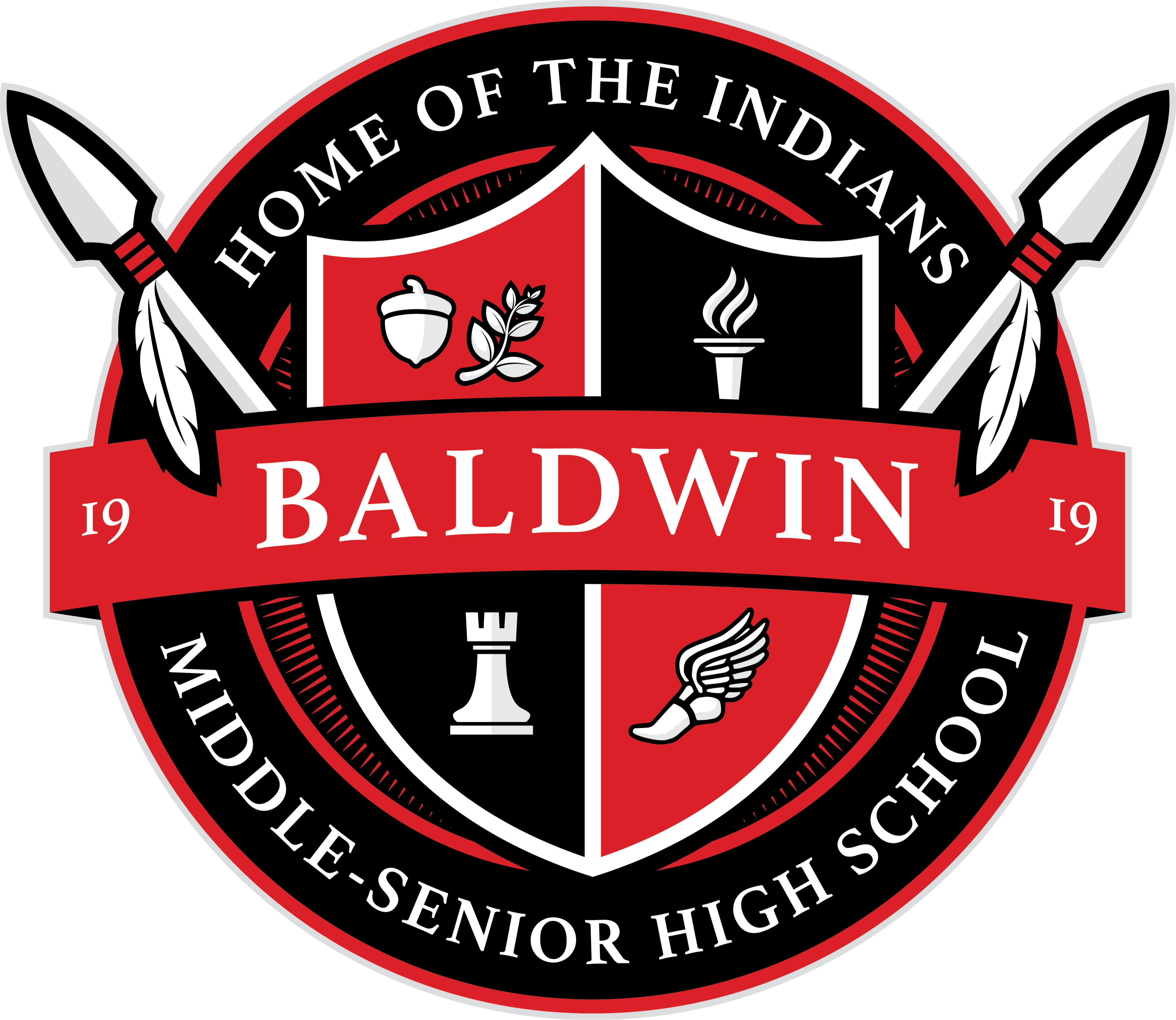 Circular logo with black background. Emblem includes a shield, feathers, a flame, and chess pieces. Text reads "Home of the Indians" and "Baldwin Middle-Senior High School."
