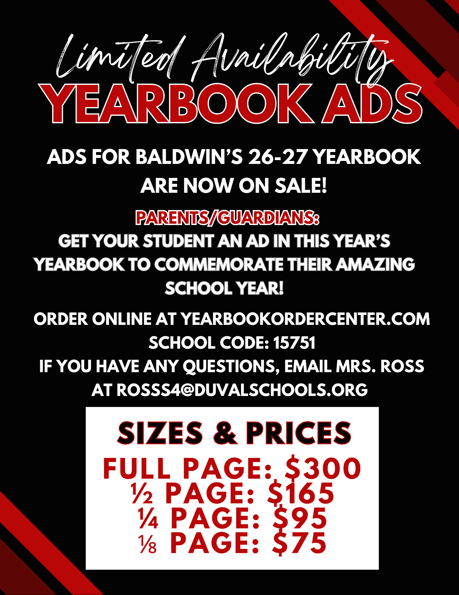 Advertisement for Baldwin's 26-27 yearbook ads. Full page ad costs $300. Half, quarter, and eighth page ads are available at $165, $95, and $75 respectively.