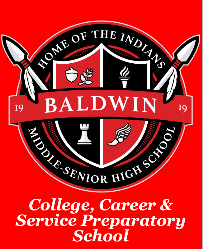 Red background with a logo for Baldwin Middle-Senior High School. The logo features a shield, a chess piece, and a wing.