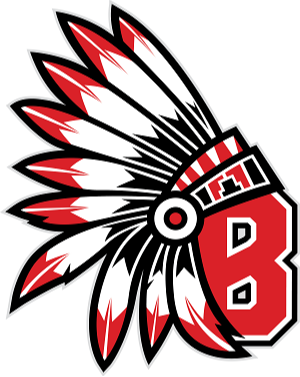 A logo with a stylized headdress featuring red, white, and black feathers over a red "B".