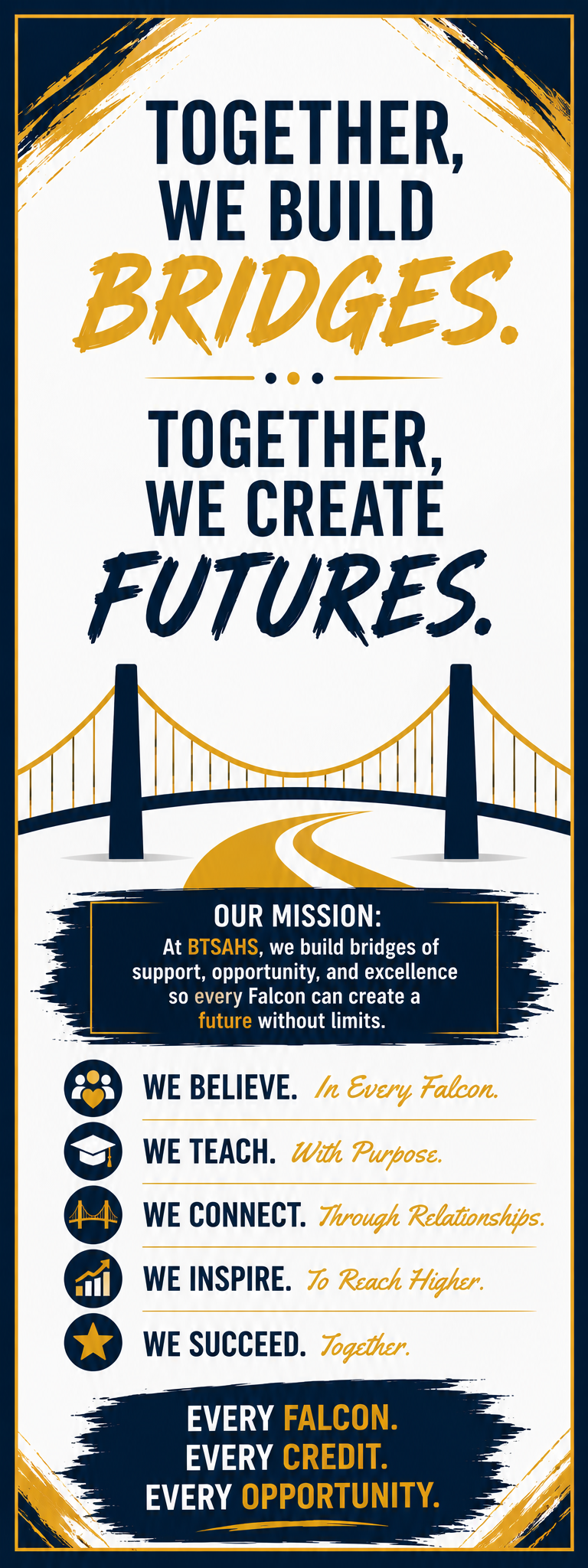 White background with blue, yellow, and black text. Centered yellow bridge over a yellow road. Yellow text reads, "Together, we build bridges. Together, we create futures." Blue box below the bridge reads, "Our mission: At BTSAH, we build bridges of support, opportunity, and excellence so every Falcon can create a future without limits."