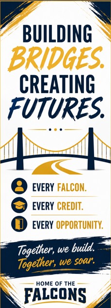 A white background with text and icons. Icons include a person, a graduation cap, and a door. Text reads: "Building Bridges. Creating Futures." A bridge and road are above the icons.