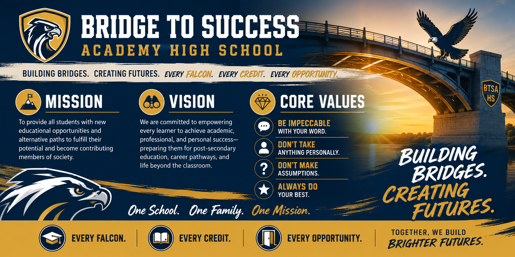 Advertisement for Bridge to Success Academy High School. It features a bridge, a golden eagle, and icons representing mission, vision, and core values.