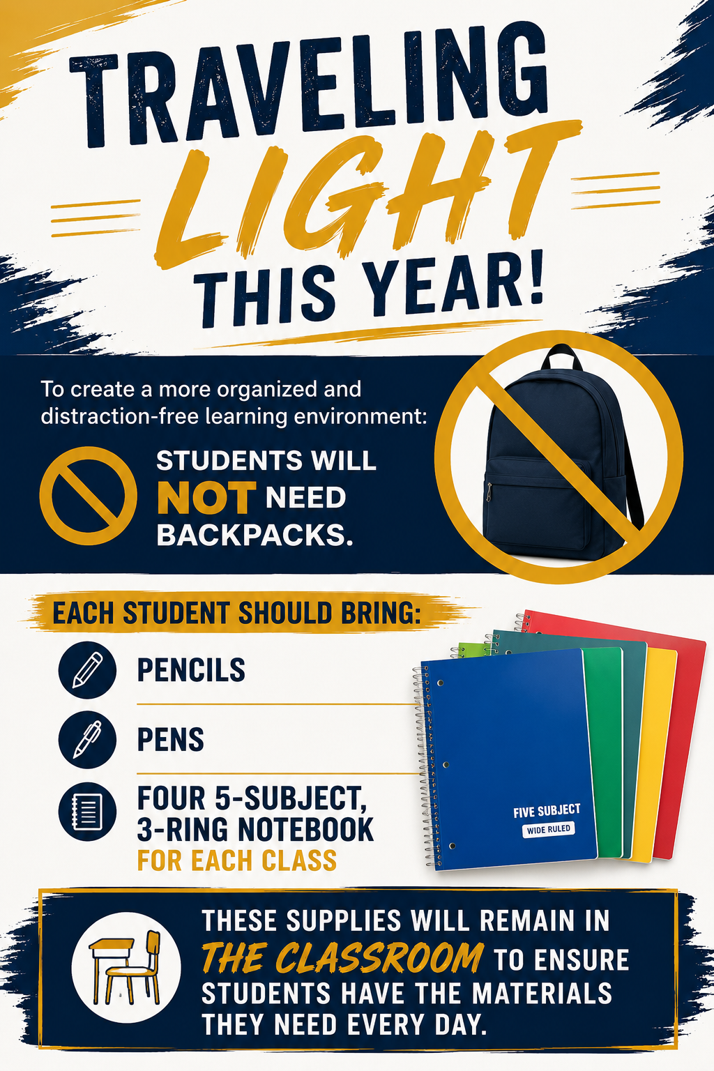 Advertisement poster: "Traveling Light This Year!" Features a backpack crossed out with a no sign. Supplies: Pencils, four 5-subject, 3-ring notebooks for each class.