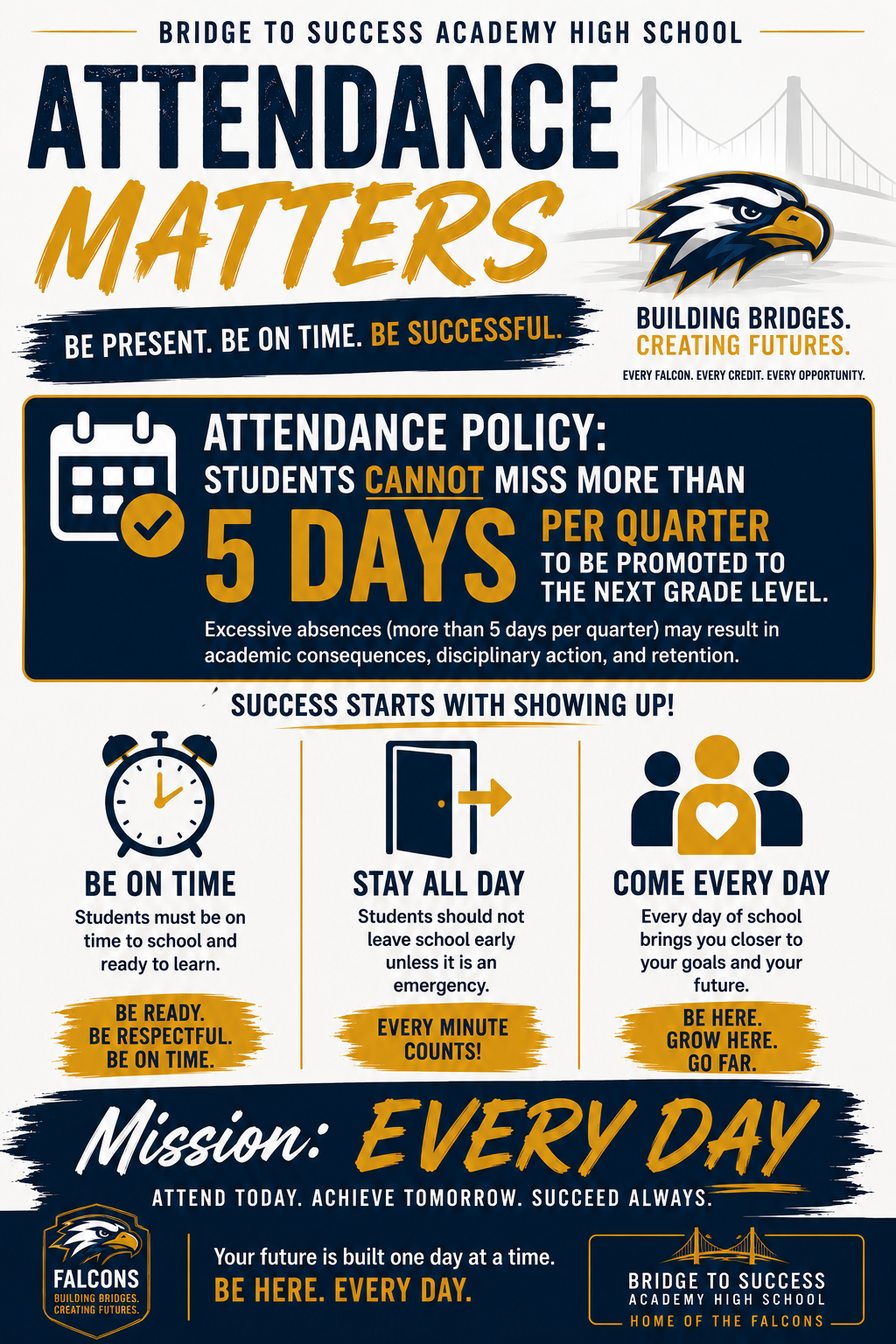 Poster with blue and white background; text "Attendance Matters", a graphic of an eagle, "Attendance Policy", and "Every Day".