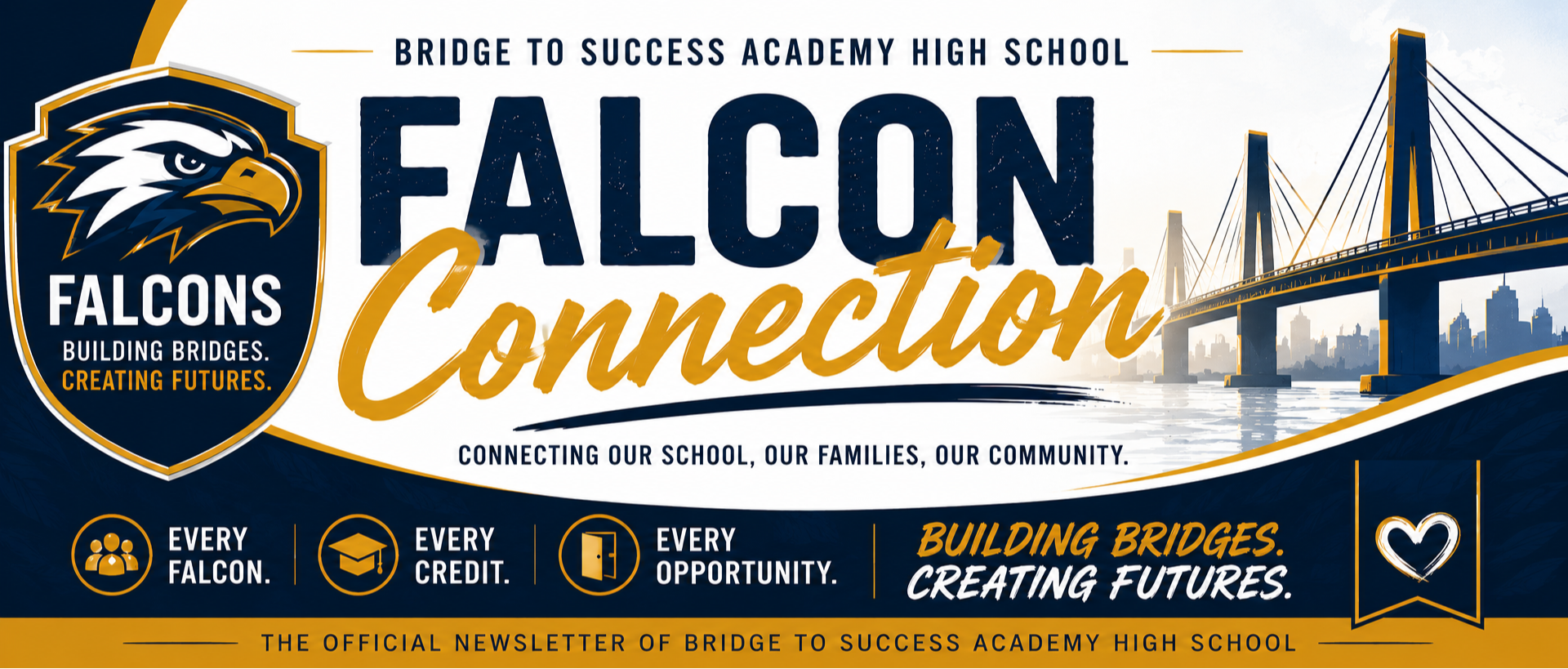 A bridge and city skyline are featured. The Falcon Connection logo is present, with a bird and shield design.