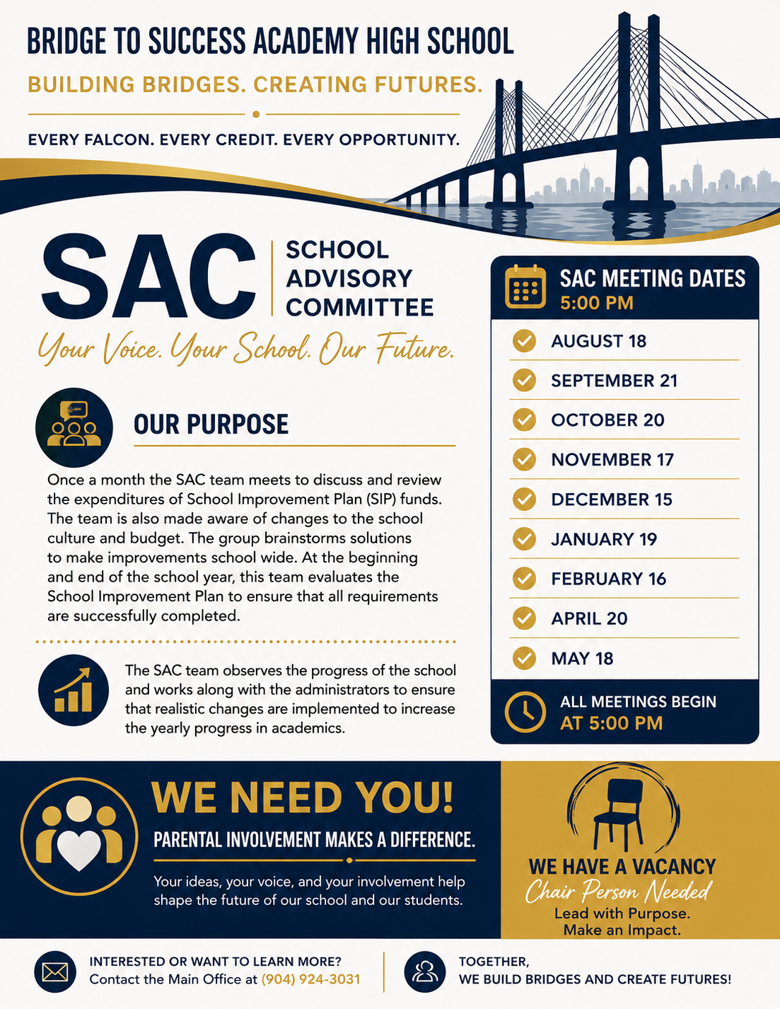 Poster with a bridge and cityscape background; text reads "SAC, School Advisory Committee"; list of meeting dates and times.