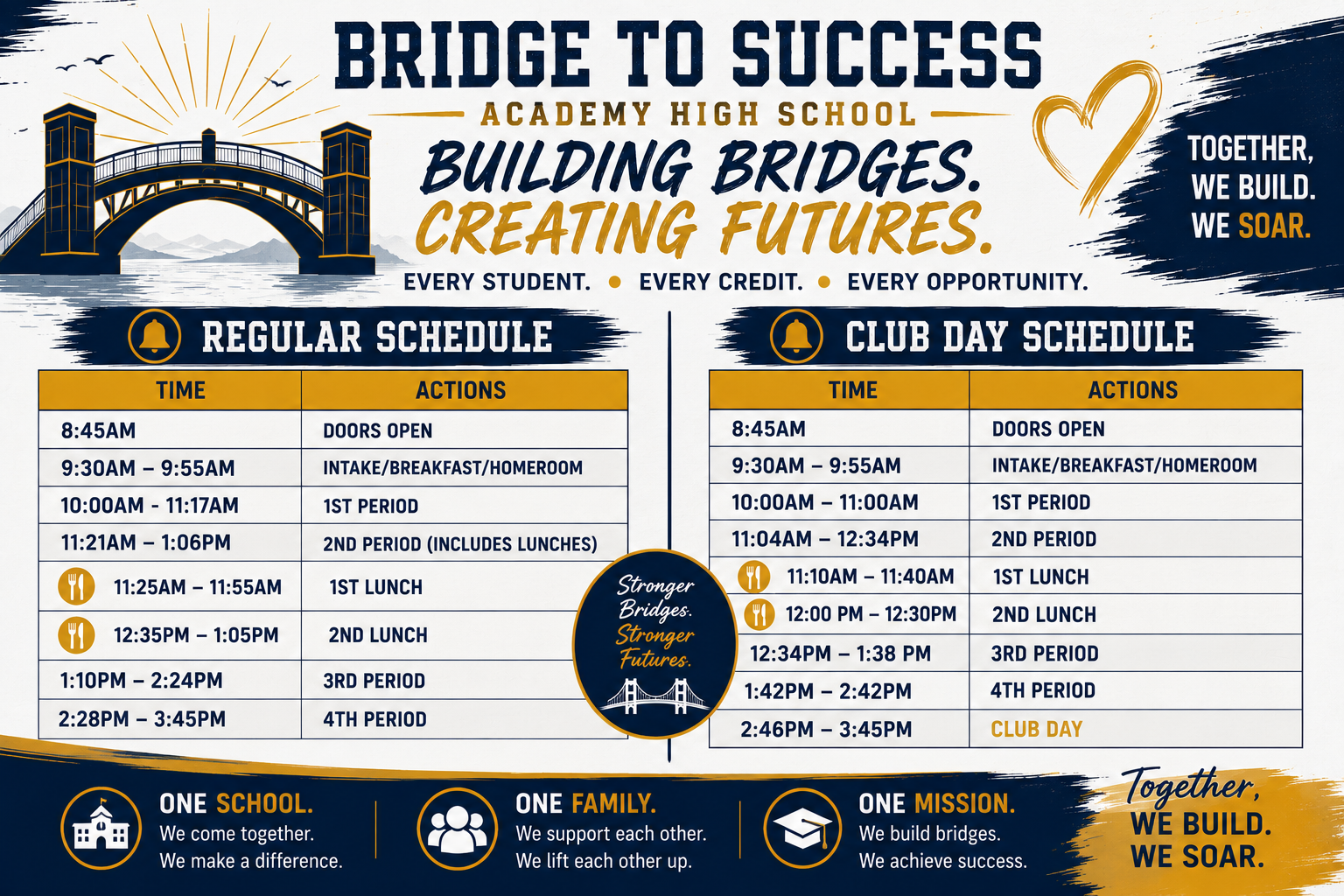Poster with bridge design and "Bridge to Success" text. Details include "Regular Schedule" and "Club Day Schedule" tables.