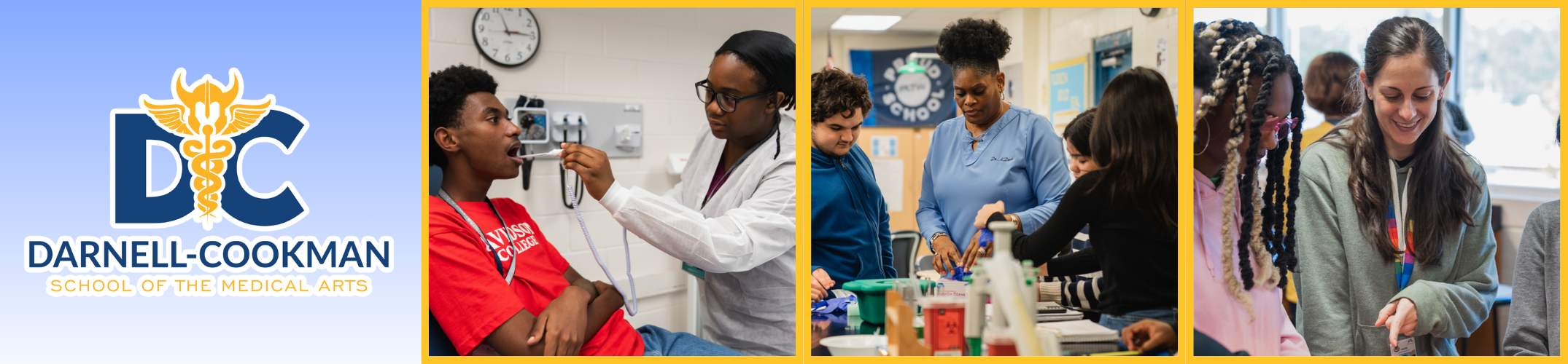 A collage shows a logo for Darnell-Cookman School of the Medical Arts and people in a lab.