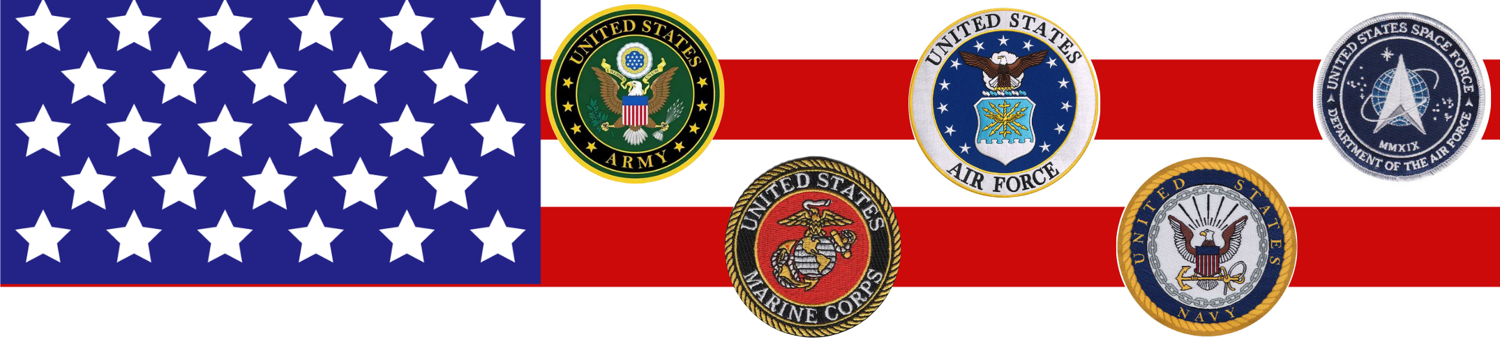 American flag with five military branch emblems: Army, Air Force, Navy, Marine Corps, and Space Force.