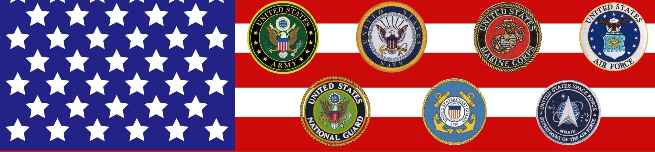 US flag with military branch emblems. Five stars, 50 stars, and military branch logos.