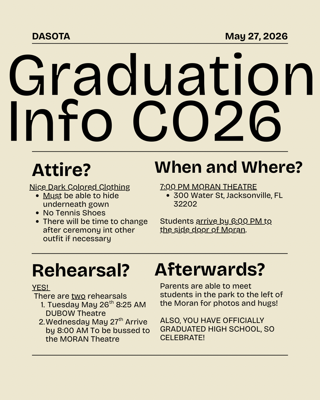 An announcement displays the graduation details for May 27, 2026, at the Moran Theatre, including attire, rehearsal, and after-party information.