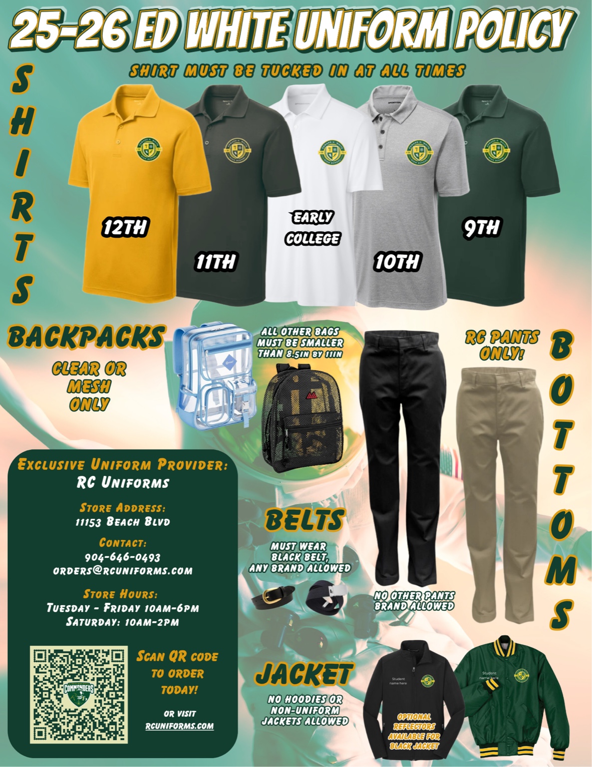Ed White 2025–26 uniform policy: grade-level polos, clear/mesh backpacks, RC black or khaki pants, black belt, and approved jackets only.