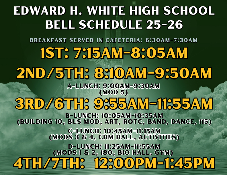 Ed White High 25–26 Bell Schedule: Classes 7:15 AM–1:45 PM, breakfast 6:30 AM–7:30 AM, staggered lunch times by building.