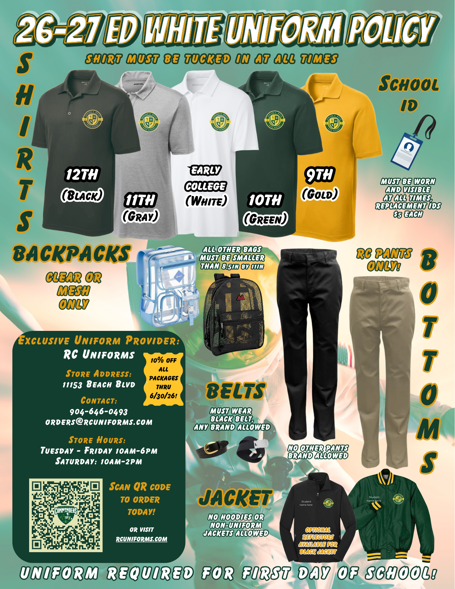 Display of various uniform pieces with black, white, green, and yellow color options for students. Includes shirts, pants, belts, and backpacks.