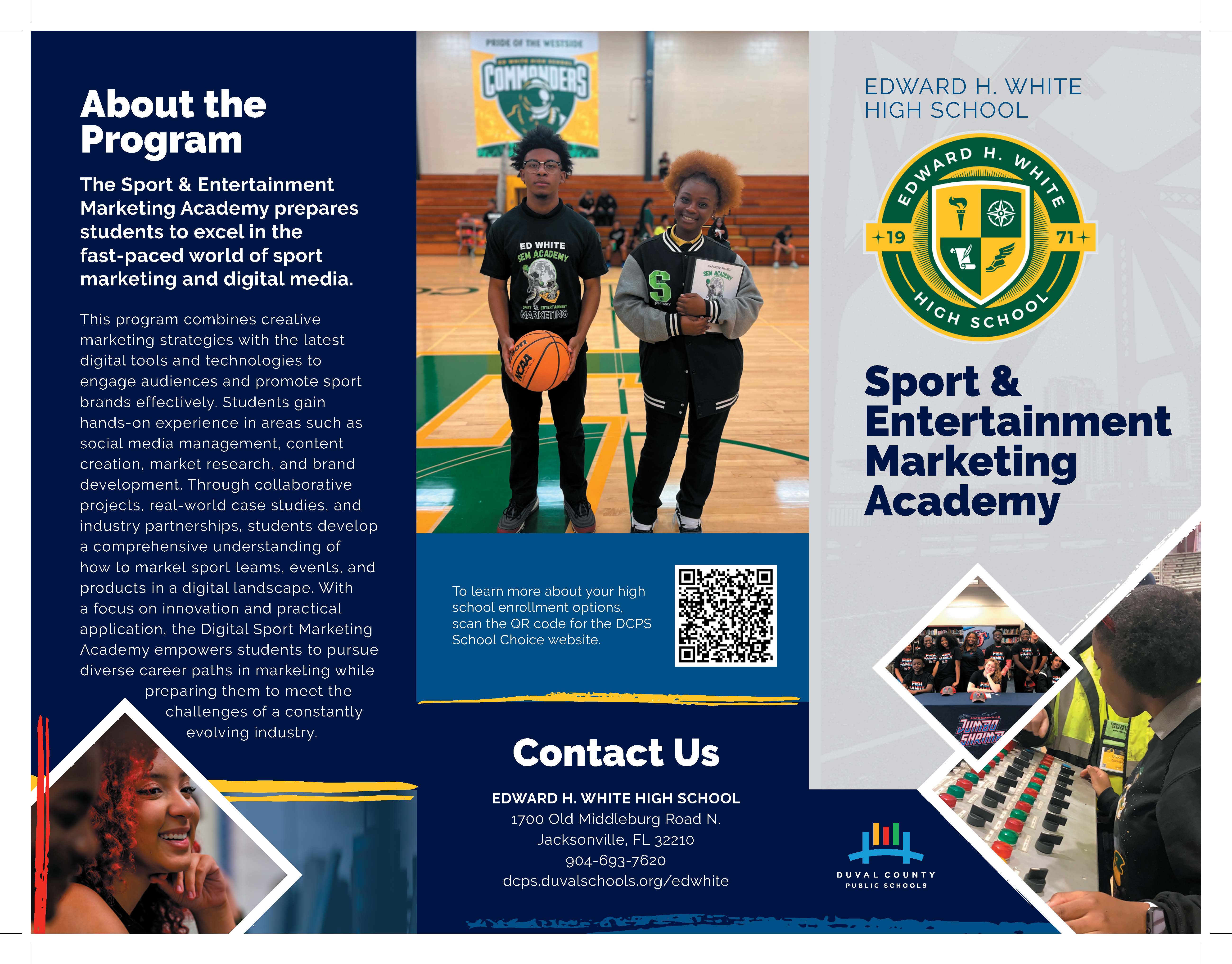 A brochure page with a sports marketing academy program description. It shows three students holding a basketball and a book.