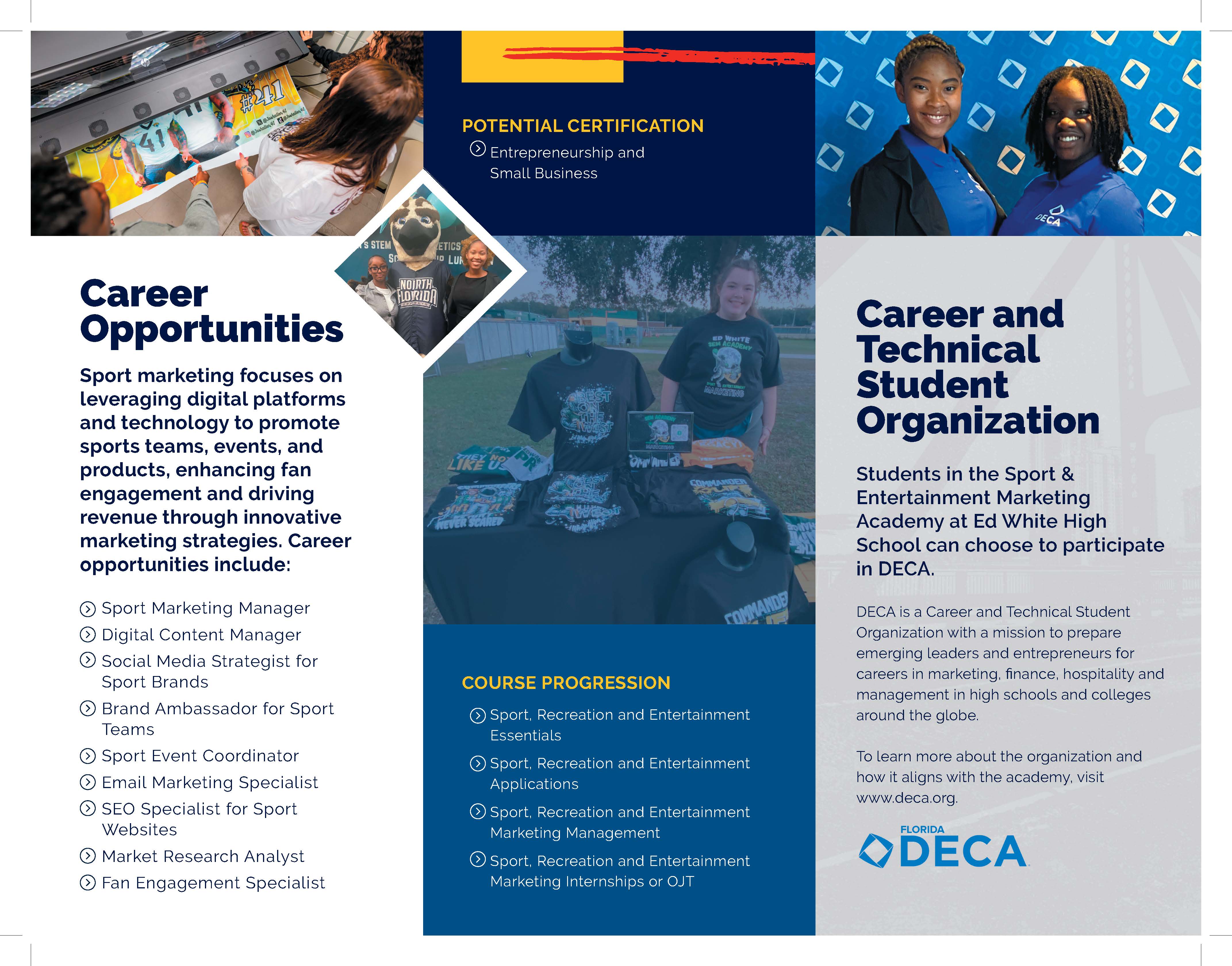 An informational brochure displays sections titled Career Opportunities and Career and Technical Student Organization. Text and photos are included.