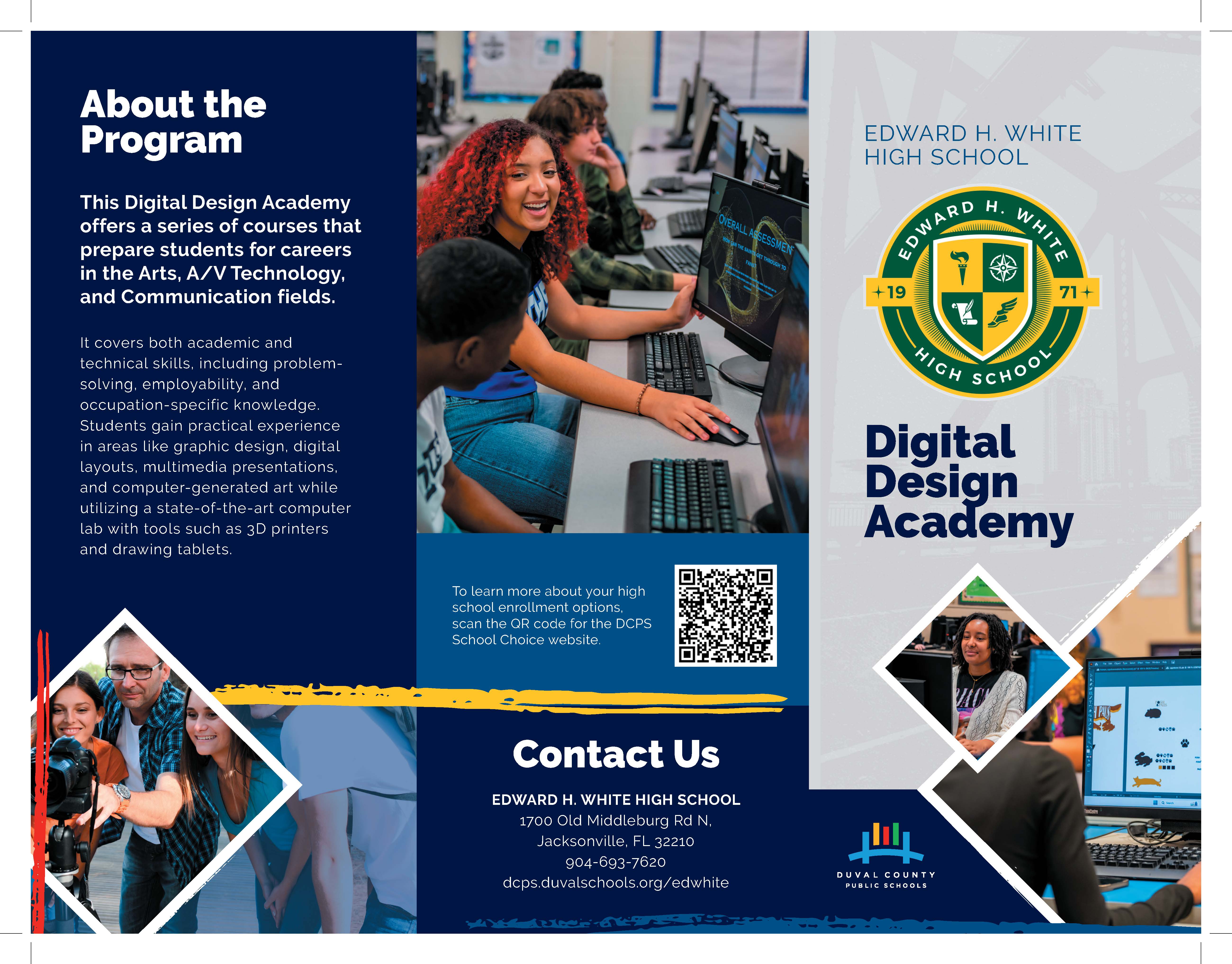 A flyer shows students working on computers, with headings "About the Program" and "Contact Us," and the Digital Design Academy logo.