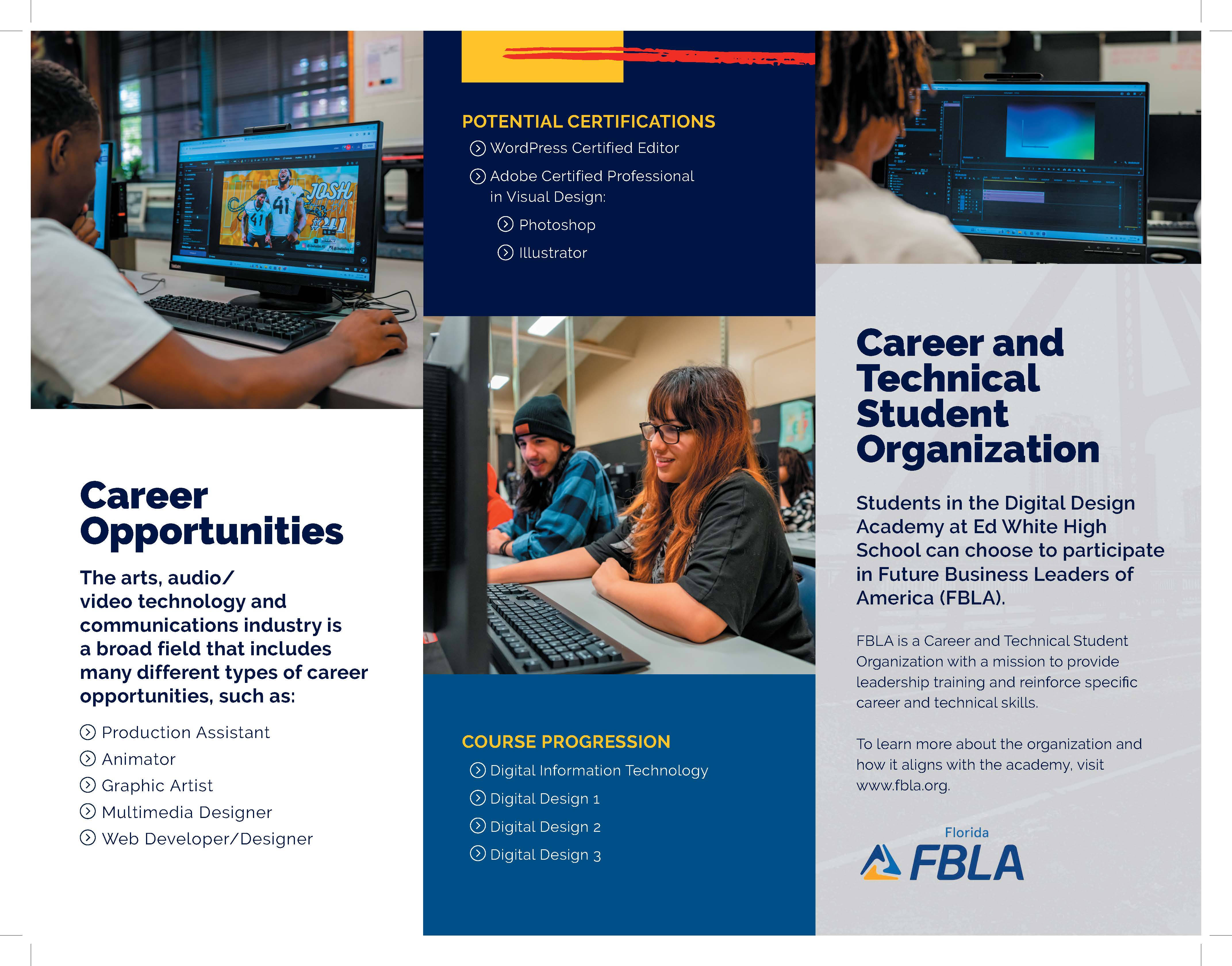 Advertisement for a Career and Technical Student Organization features a person typing on a keyboard, another person working on a computer, and a third person sitting at a computer.