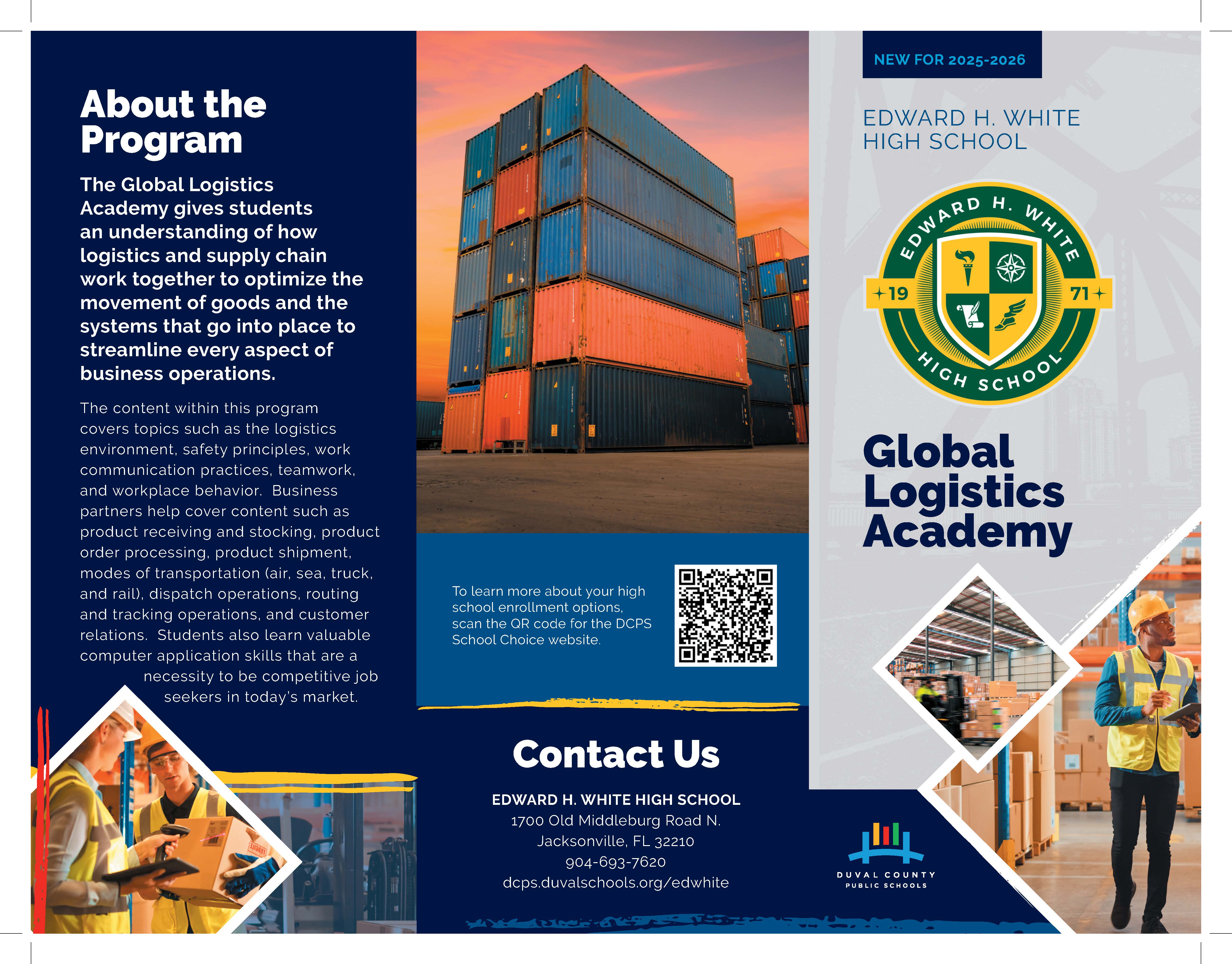 Poster with a dark blue and orange background. Text includes "About the Program" and "Global Logistics Academy." Logos and images of a building, warehouse, and person in a yellow vest.