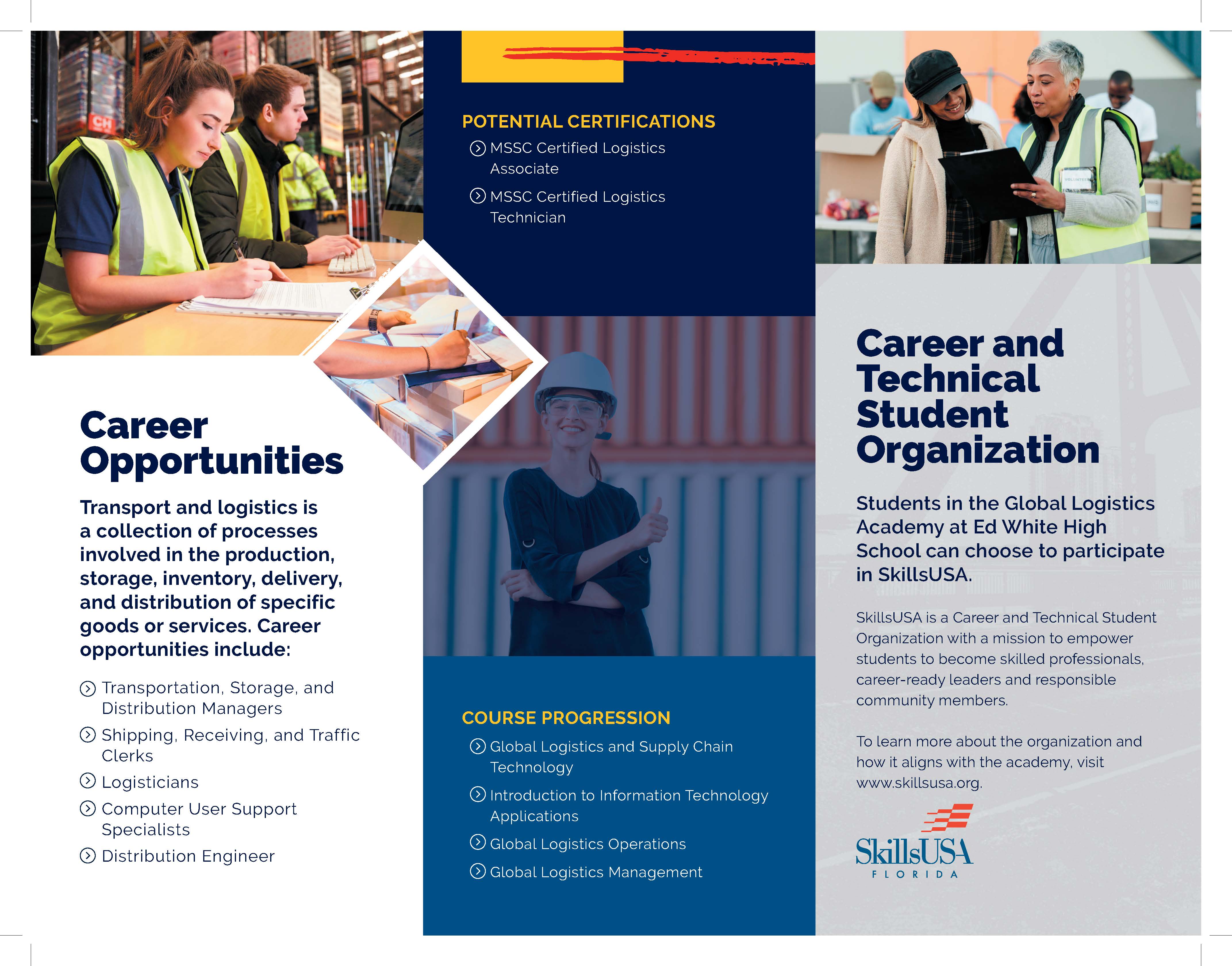 A brochure displays information about career and technical opportunities. It shows people working in logistics and technical fields, with a focus on potential certifications.